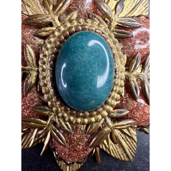 Vintage DeNicola Style Floral Brooch Gold Tone Faux Turquoise Glitter Cab - Picture 3 of 10